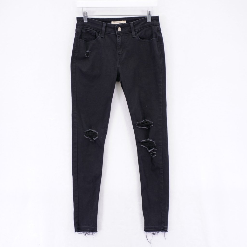 Levi's Super Skinny Black Factory Distressed Raw Denim Jeans -29- 29 / 29.5 Mid